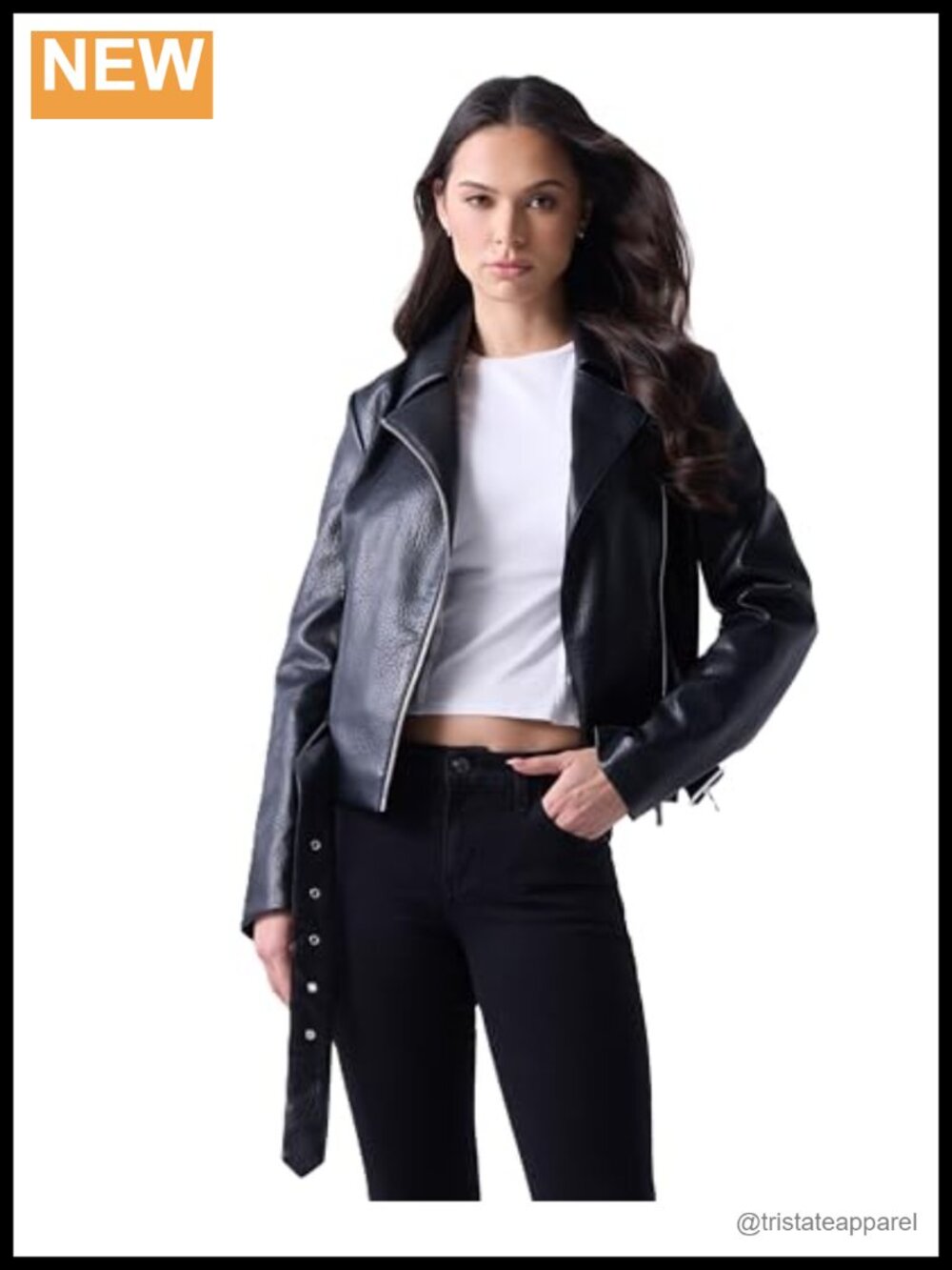 Women's Faux Leather Moto Biker Jacket with Belt